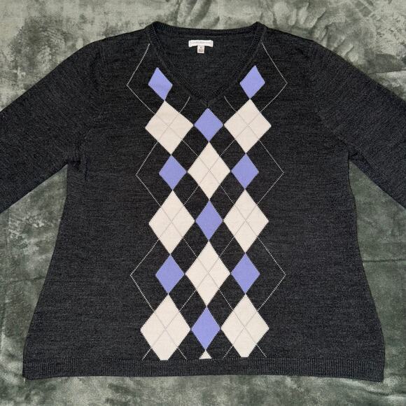 Croft & Borrow Gray & Lavender Purple Argyle Long Sleeve Pullover Sweater XL - Picture 4 of 10